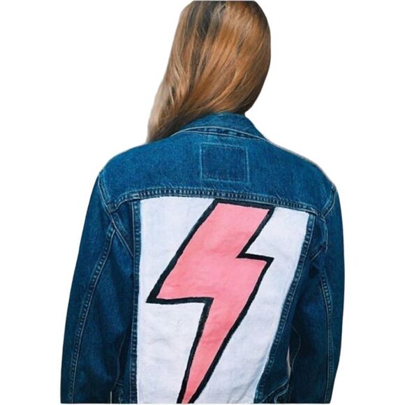 Levi’s Hand Painted Pink Lightning Bolt Denim Jean Jacket - Picture 1 of 8